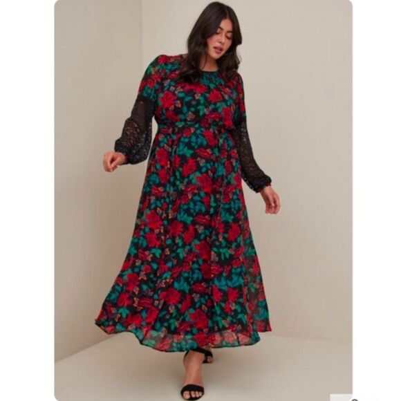 Torrid Maxi Peasant Dress Chiffon Floral Black Size M/L Size 10 - Picture 1 of 16